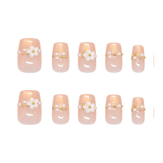 Blossom Delight Elegant Medium Coffin Charming Beige Press-On Nail Set with Floral and Pearl Accents