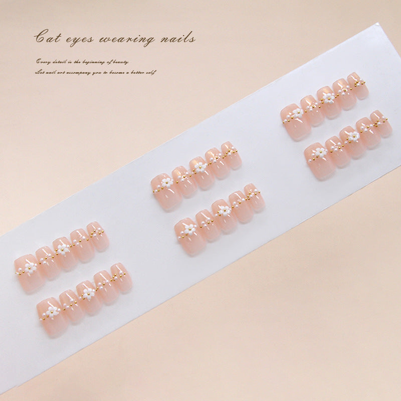 Enchanting Floral Charm Soft Pink Medium Coffin Press-On Nail Set with Dazzling Gold Accents