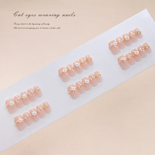 Enchanting Floral Charm Soft Pink Medium Coffin Press-On Nail Set with Dazzling Gold Accents