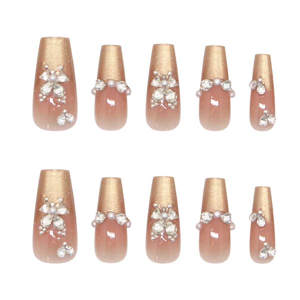 Elegant Garden Blossom Press On Nail Set Long Coffin Peach Ombre with Crystal Accents