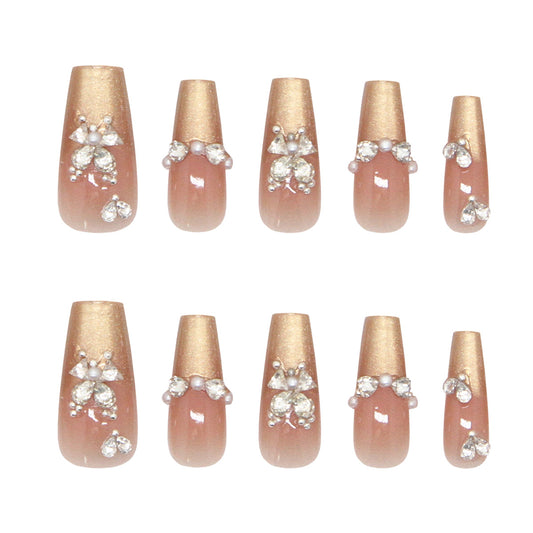 Elegant Garden Blossom Press On Nail Set Long Coffin Peach Ombre with Crystal Accents