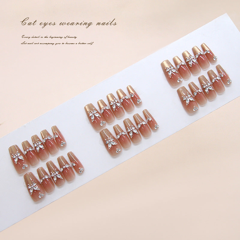 Glamorous Cat Eye Inspired Press on Nail Set Long Coffin Shape Soft Pink with Shimmering Rhinestone Accents