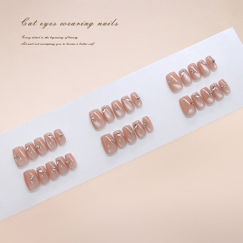 Enchanting Cat Eye Press On Nail Set Medium Square Pink with Sparkling Accent Design