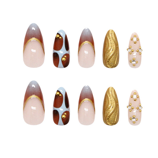 Elegant Autumn Vibes Medium Almond Ombre Brown and Gold Glittery Design Press On Nail Set
