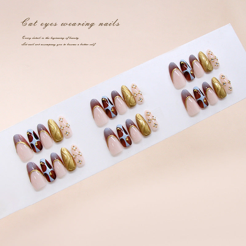 Cat Eye Glamour Medium Almond Shaped Pink and Purple Gradient with Gold Accents and Rhinestones Press On Nail Set