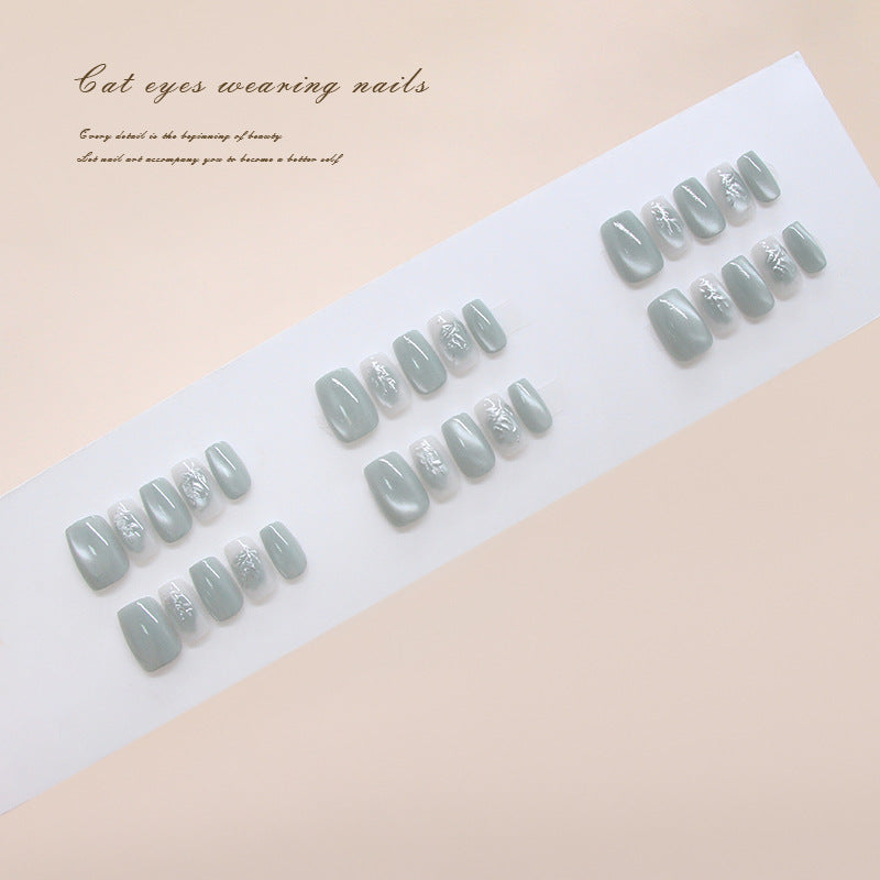 Enchanting Cat Eyes Fashion Press-On Nails in Medium Length Coffin Shape Soft Gray Color with Elegant Floral Design Feature