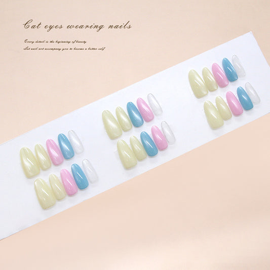 Charming Pastel Almond Shaped Long Length Press On Nail Set with Mesmerizing Cat Eye Effect