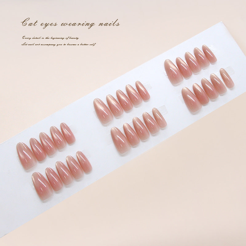 Enchanting Elegance Long Almond Pink Shimmering Cat Eye Press On Nail Set