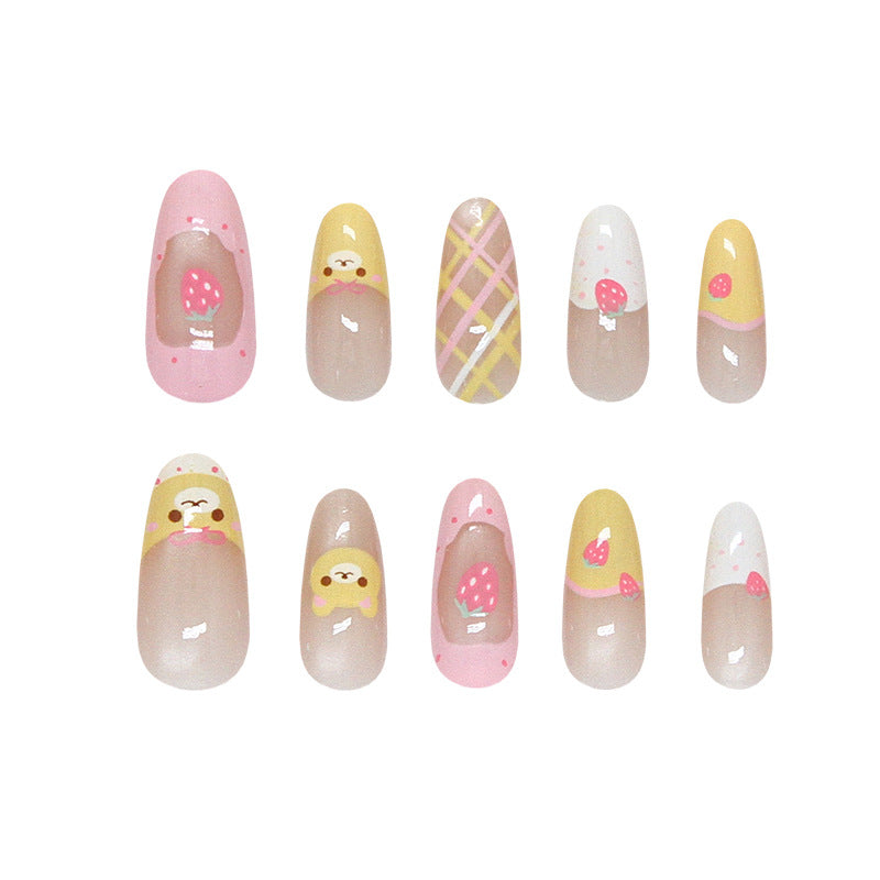 Sweet Treat Theme Long Almond Shaped Pastel Pink and Yellow Nail Set with Cute Bear and Strawberry Designs