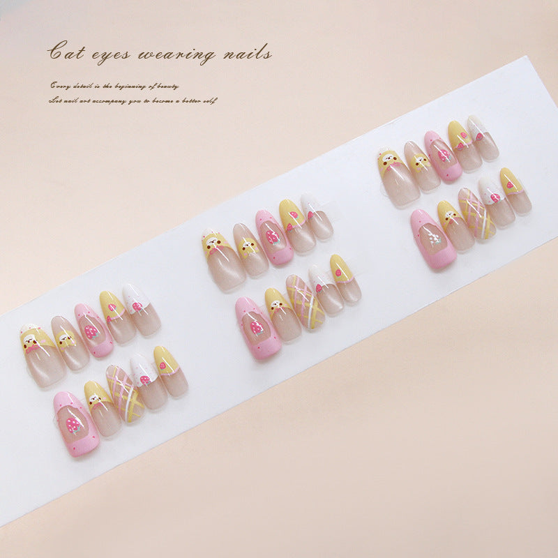 Whimsical Cat Eye Magic Long Almond Pink and Yellow Floral Press On Nail Set