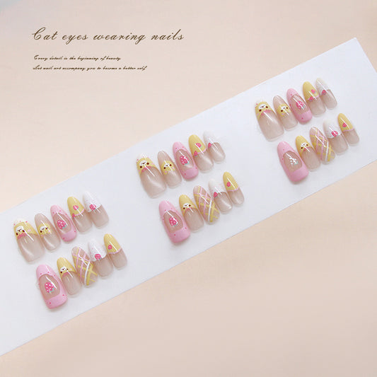 Whimsical Cat Eye Magic Long Almond Pink and Yellow Floral Press On Nail Set