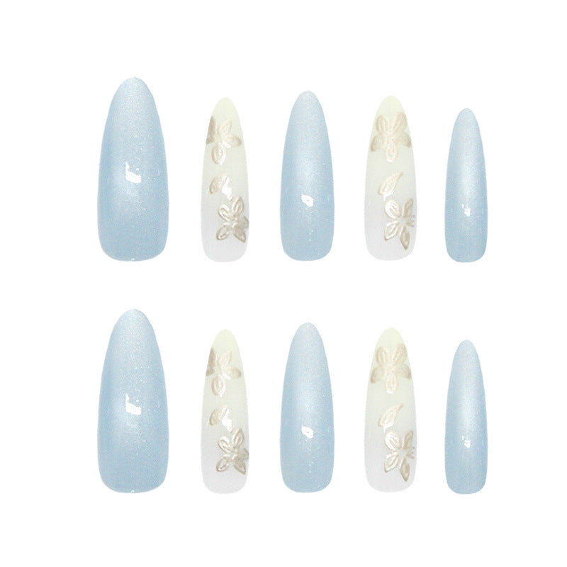 Dreamy Spring Bliss Long Almond Shaped Sky Blue and Cream Floral Press On Nail Set