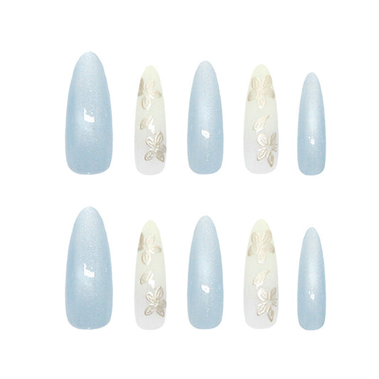 Dreamy Spring Bliss Long Almond Shaped Sky Blue and Cream Floral Press On Nail Set
