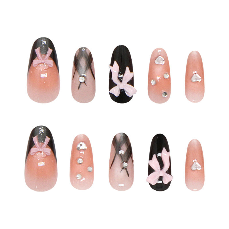 Charming Bow Collection Long Oval Pink and Black Glitter and Ribbon Design Press On Nail Set