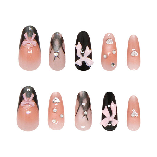 Charming Bow Collection Long Oval Pink and Black Glitter and Ribbon Design Press On Nail Set