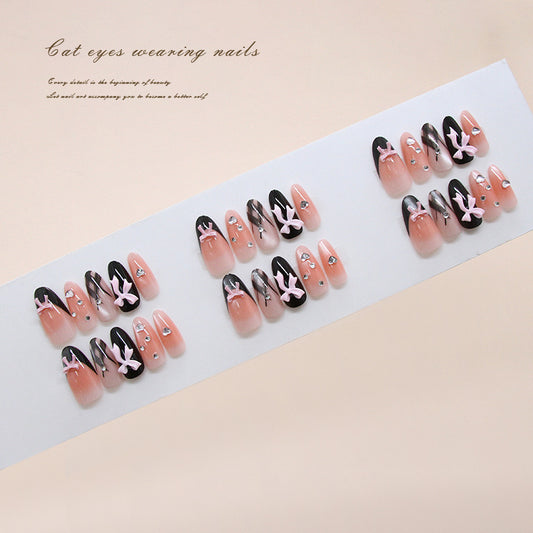 Charming Elegance Long Oval Pink and Black Cat Eye Press On Nail Set with Delicate Bow Accents