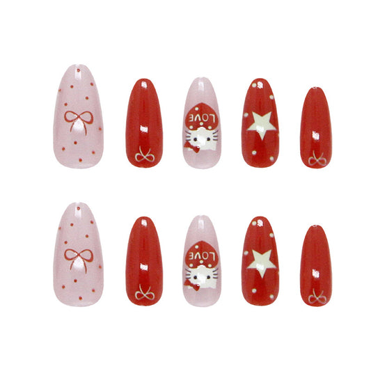 Charming Festive Press On Nail Set Long Almond Red and Pink with Adorable Kitty and Star Designs
