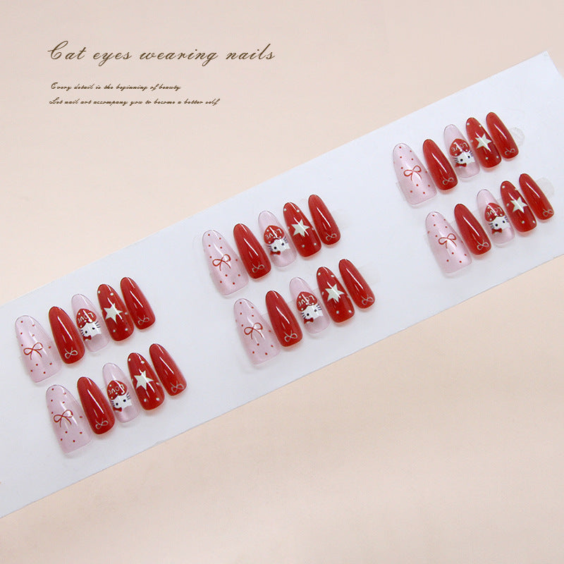 Enchanting Autumn Vibes Long Almond Red with Whimsical Bow and Star Accents Press On Nail Set
