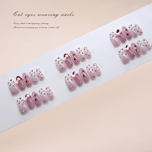 Enchanting Cat Eye Press-On Nails Long Oval Pink with Sparkling Star Accents