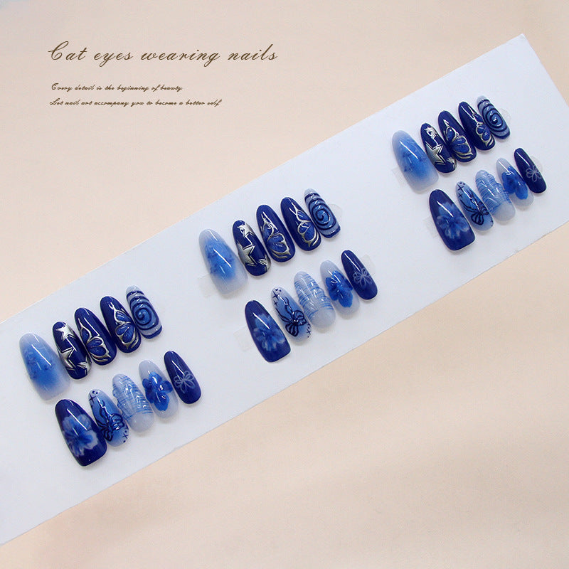 Mystical Oceanic Shades Elegant Medium Almond Blue Gradient with Enchanting Swirl Designs Press On Nail Set