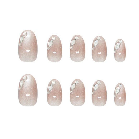 Elegant Enchantment Short Oval Pink Glitter Press on Nail Set with Intricate Gemstone Accents