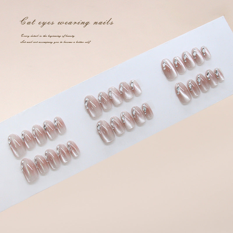 Glamorous Elegance Short Oval Pink with Sparkling Cat Eye Effect Press On Nail Set