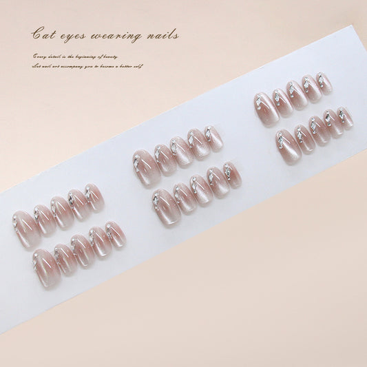 Glamorous Elegance Short Oval Pink with Sparkling Cat Eye Effect Press On Nail Set