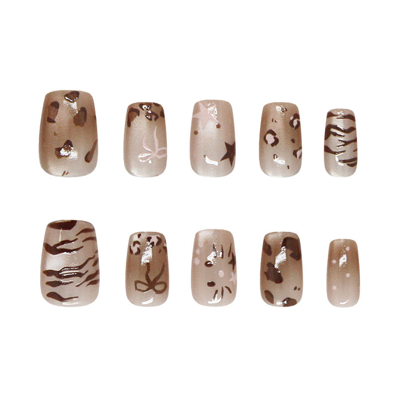 Savanna Chic Short Square Beige Nail Set with Trendy Animal Print Design