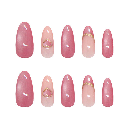 Charming Romance Long Almond Pink Nails with Heart and Gold Accent Design