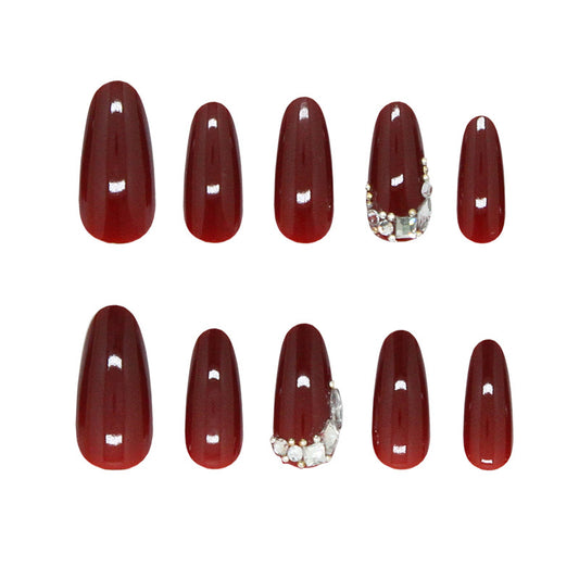 Glamorous Elegance Long Almond Deep Red Press On Nail Set with Stunning Gemstone Accents