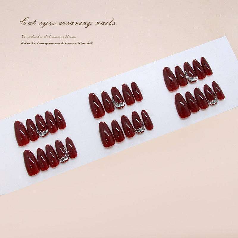 Mystical Elegance Long Almond Shaped Deep Burgundy Nails with Sparkling Accents
