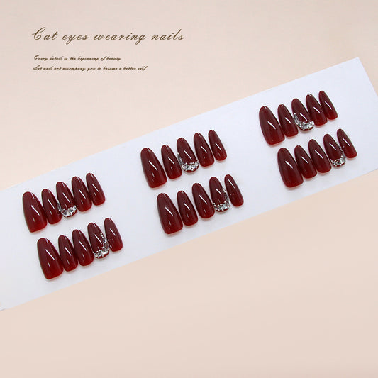 Mystical Elegance Long Almond Shaped Deep Burgundy Nails with Sparkling Accents