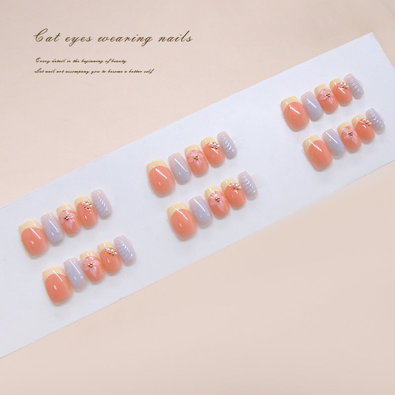 Glamorous Elegance Medium Square Peach and Lavender Press On Nails with Floral Accents
