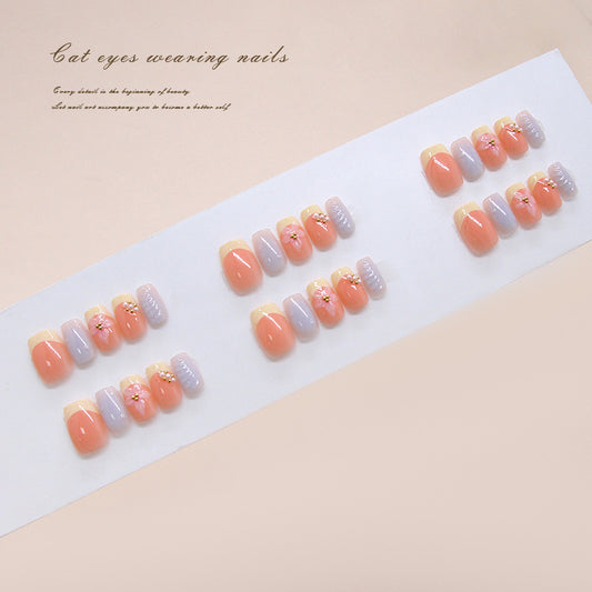 Glamorous Elegance Medium Square Peach and Lavender Press On Nails with Floral Accents