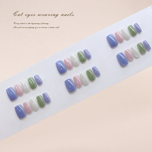 Enchanting Garden Inspired Short Coffin Pastel Colors with Cat Eye Shine Press On Nail Set