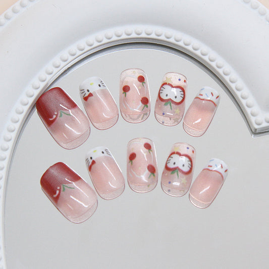 Cute Whimsical Short Square Peach Press On Nail Set with Adorable Character Designs