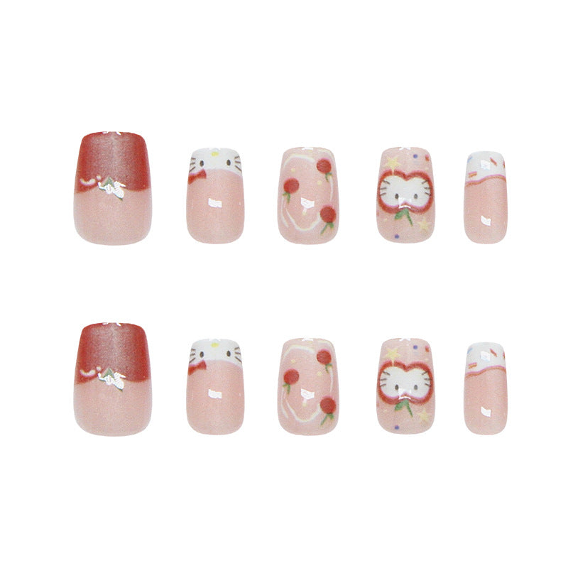Whimsical Wonderland Pink Short Square Press on Nail Set with Adorable Character Designs