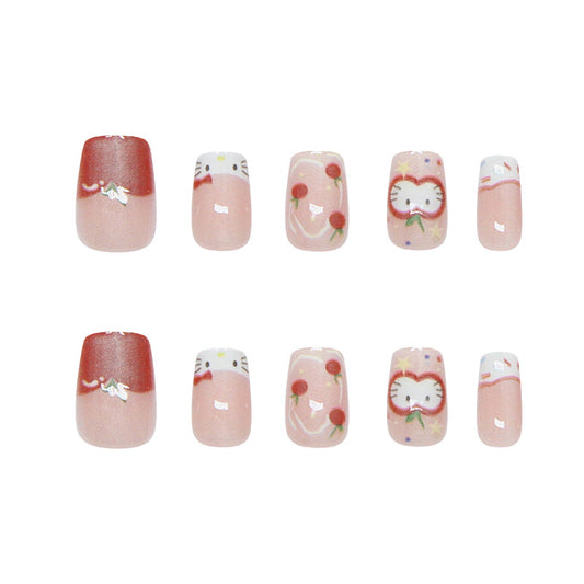 Whimsical Wonderland Pink Short Square Press on Nail Set with Adorable Character Designs