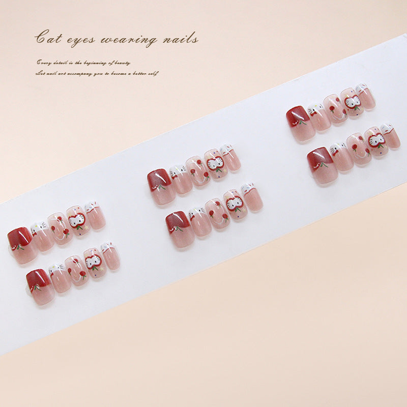 Enchanting Floral Cat Eye Short Square Pink and Red Nail Set with Charming Flower Designs