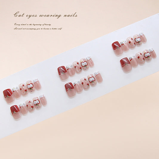 Enchanting Floral Cat Eye Short Square Pink and Red Nail Set with Charming Flower Designs