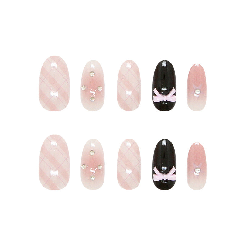 Charming Elegance Long Oval Pink and Black Press On Nail Set with Cute Bow and Rhinestone Accents