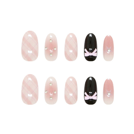 Charming Elegance Long Oval Pink and Black Press On Nail Set with Cute Bow and Rhinestone Accents