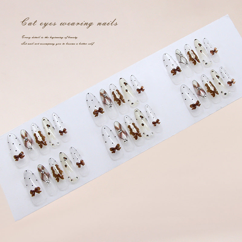 Charming Whimsical Magic Long Almond Clear with Cute Brown Bow and Adorable Cat Design Press On Nail Set