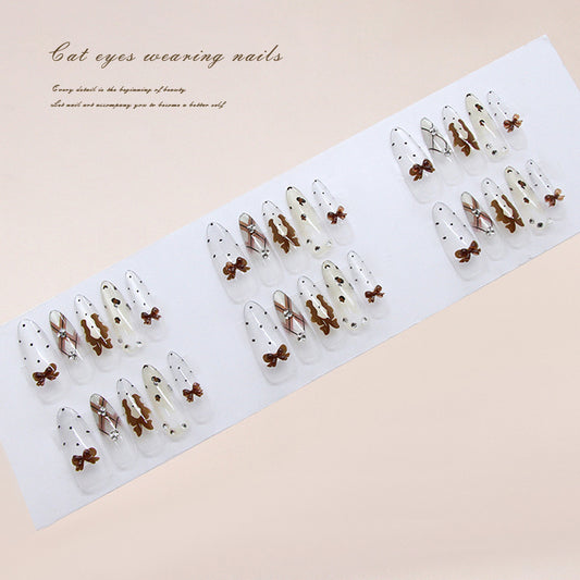 Charming Whimsical Magic Long Almond Clear with Cute Brown Bow and Adorable Cat Design Press On Nail Set