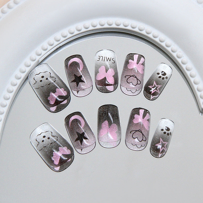 Whimsical Dreamy Short Square Gradient Pink and Grey Nail Set with Playful Designs