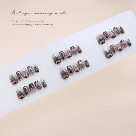 Whimsical Cat Eye Textured Press On Nails in Short Square Gray and Pink with Unique Glitter Accents