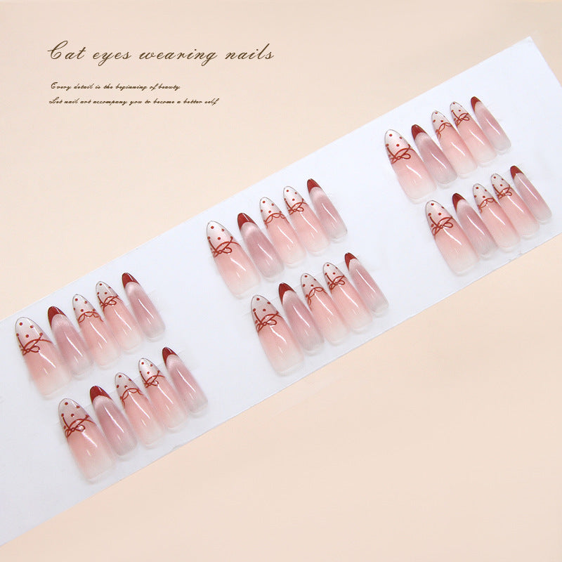 Whimsical Elegance Long Almond Pink Gradient Press On Nail Set with Adorable Bow Accents