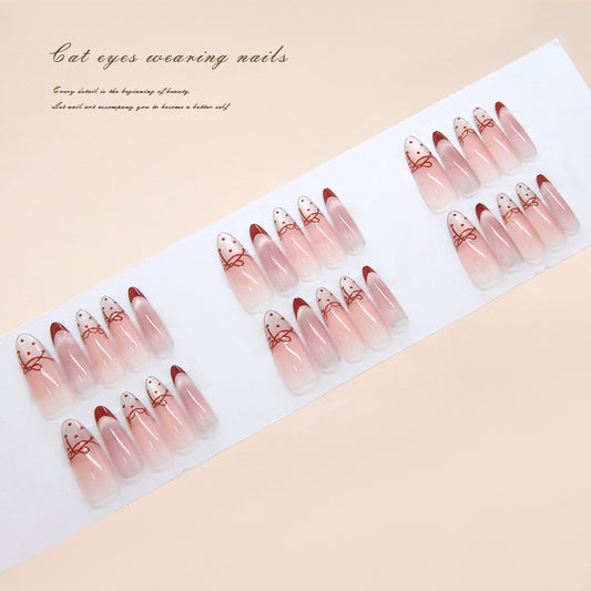 Whimsical Elegance Long Almond Pink Gradient Press On Nail Set with Adorable Bow Accents