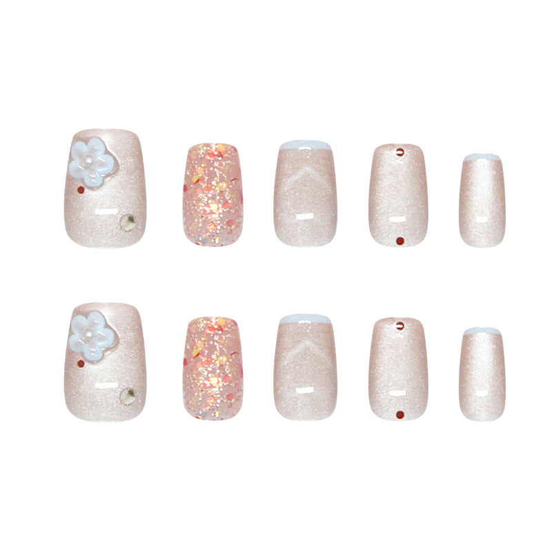 Whimsical Blossom Pink Short Square Nail Set with Glitter and Floral Accent