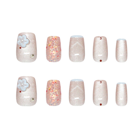 Whimsical Blossom Pink Short Square Nail Set with Glitter and Floral Accent